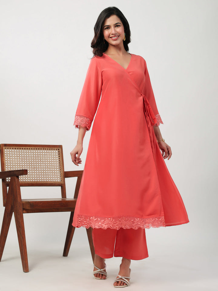 Peach-Muslin-Angrakha-2-Piece-Kurta-Set