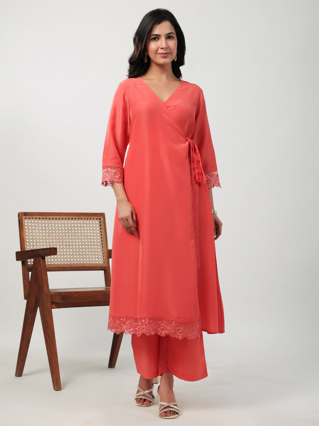 Peach-Muslin-Angrakha-2-Piece-Kurta-Set