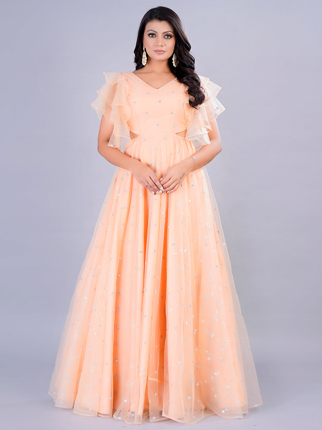 Peach-Net-Embroidered-Ruffled-Sleeves-Gown