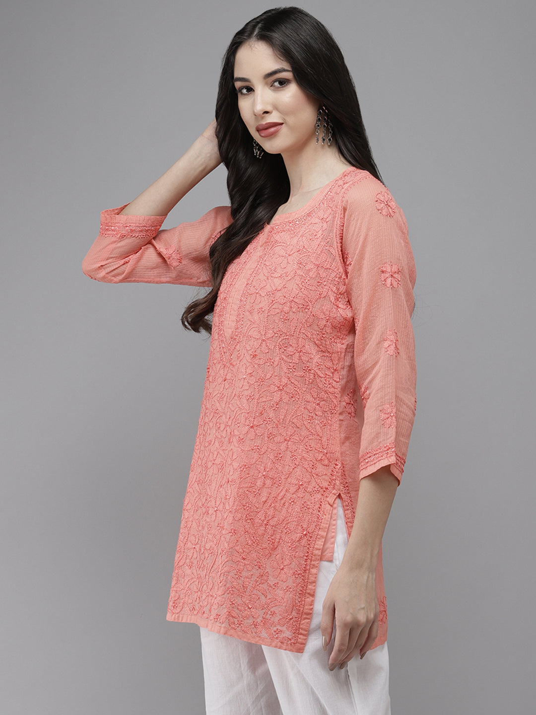 Peach Original Kota Chikankari Tunic With Slip