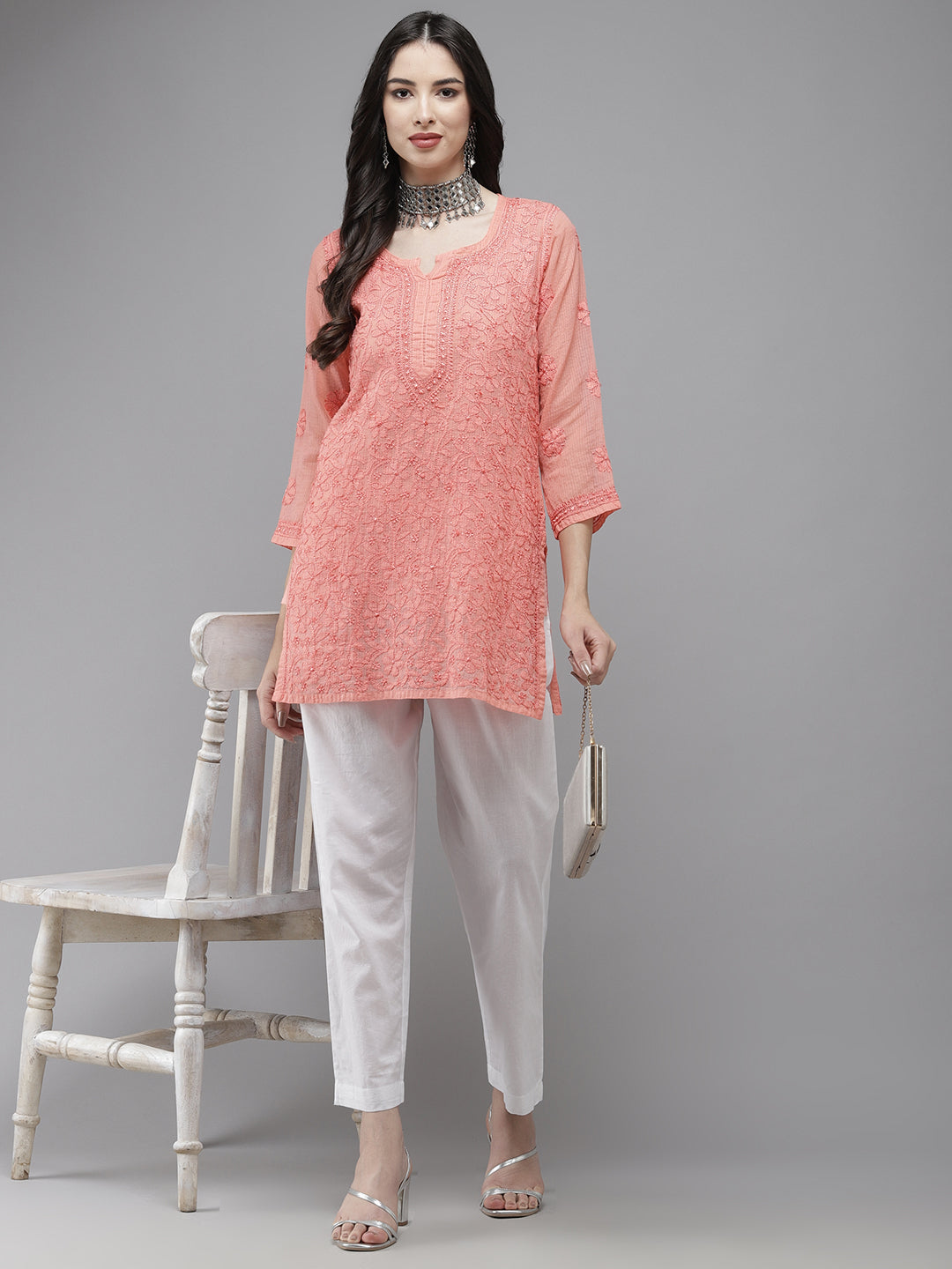 Peach Original Kota Chikankari Tunic With Slip