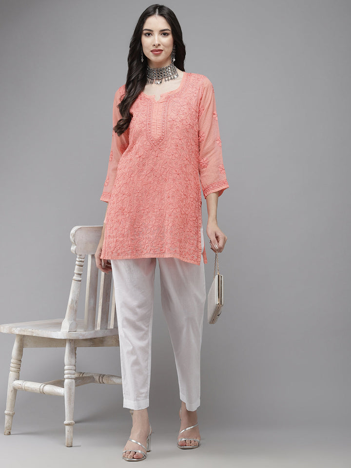 Peach Original Kota Chikankari Tunic With Slip