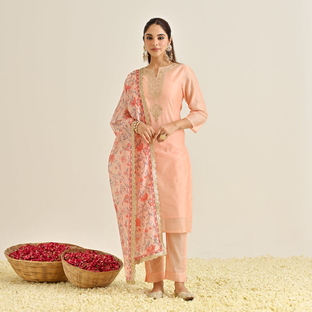 Peach-Poly-Chanderi-Yoke-Detail-Straight-3-Piece-Kurta-Set