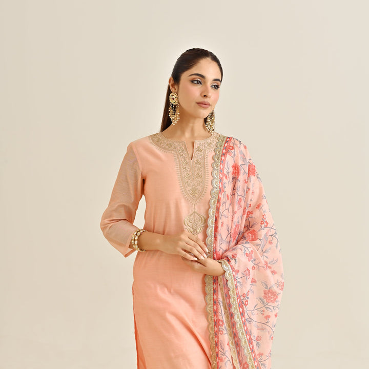 Peach-Poly-Chanderi-Yoke-Detail-Straight-3-Piece-Kurta-Set