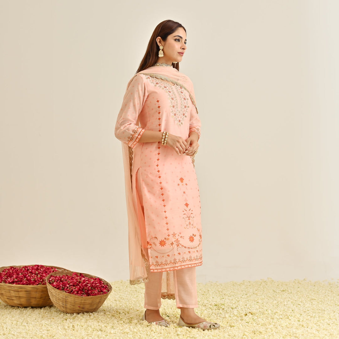 Peach-Poly-Chanderi-Yoke-Embroidery-3-Piece-Kurta-Set