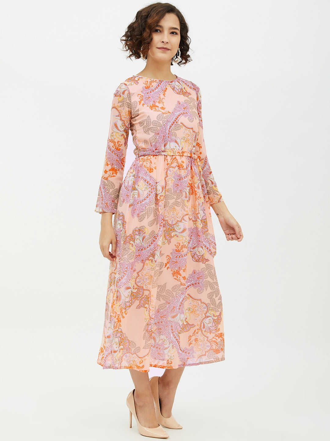 Peach-Polyester-Printed-Long-Dress