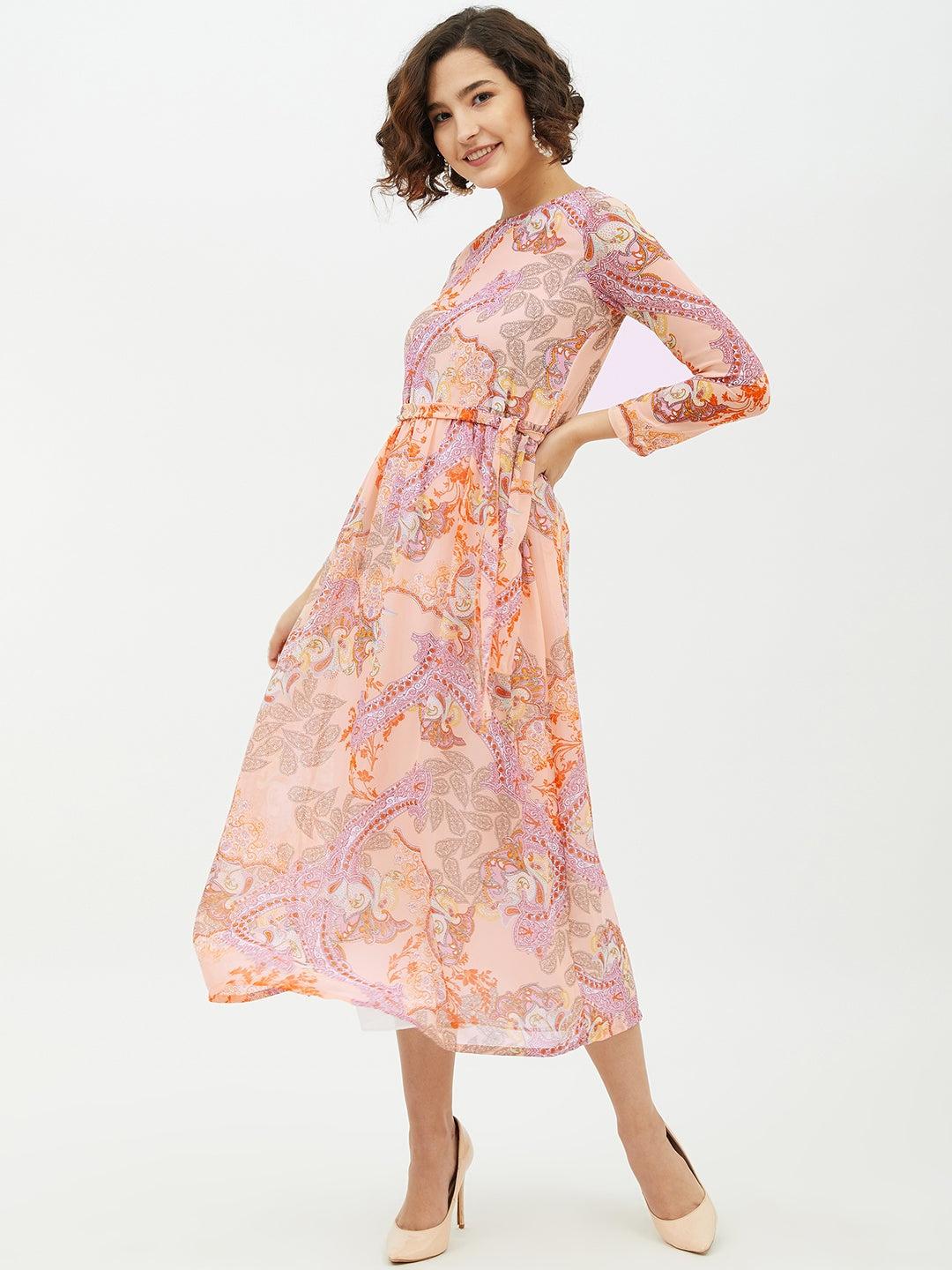 Peach-Polyester-Printed-Long-Dress