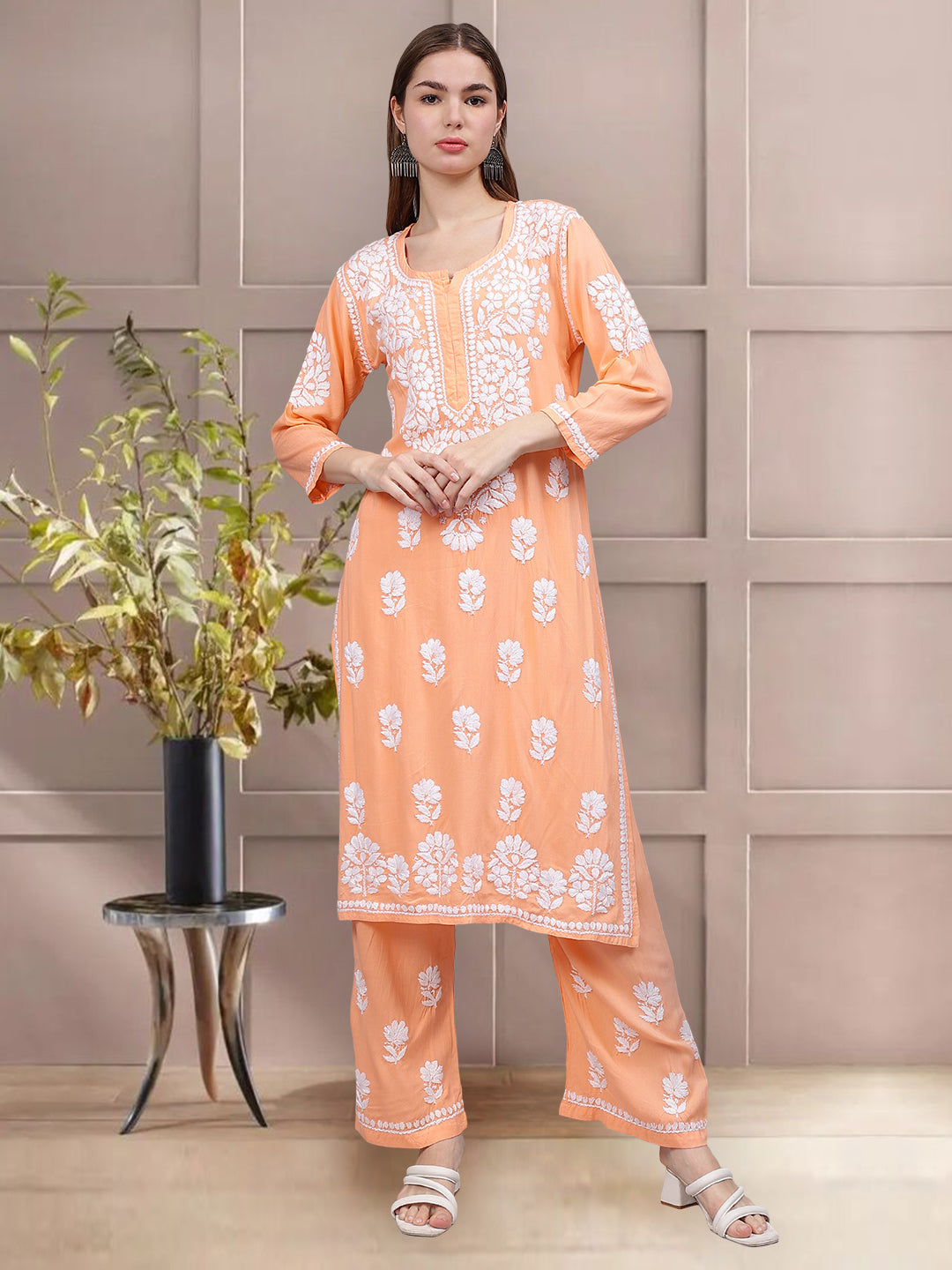 Peach-Rayon-Embroidered-Chikankari-2-Piece-Kurta-Set