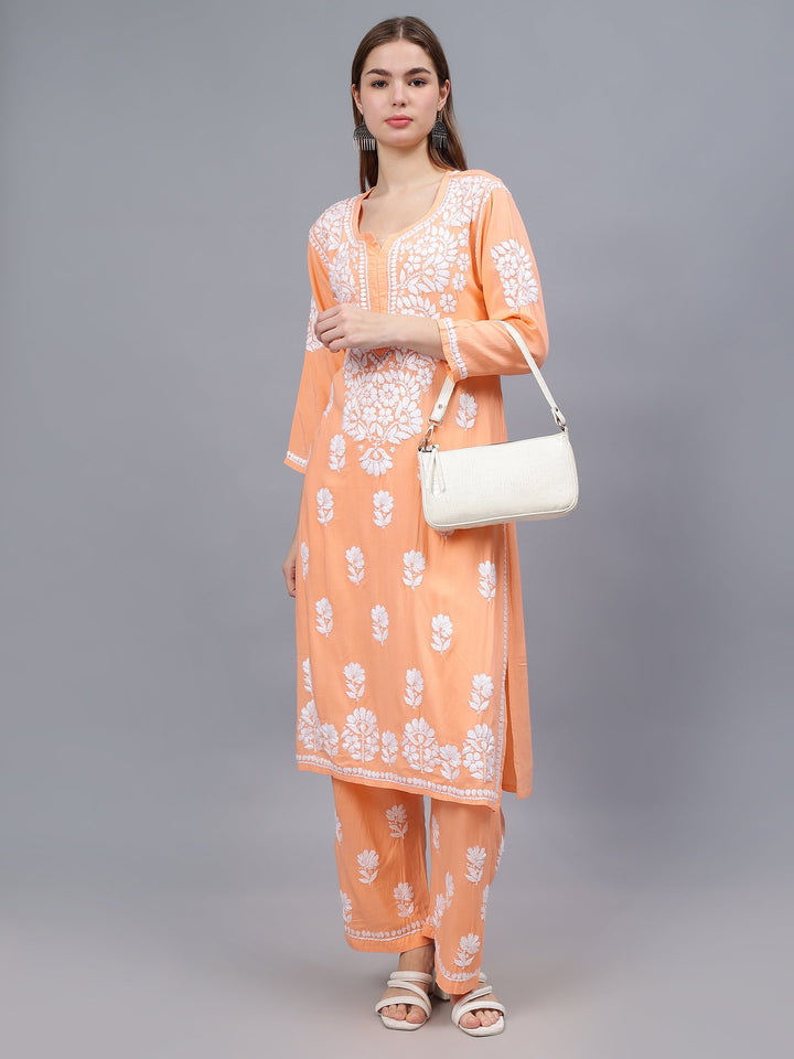 Peach-Rayon-Embroidered-Chikankari-2-Piece-Kurta-Set