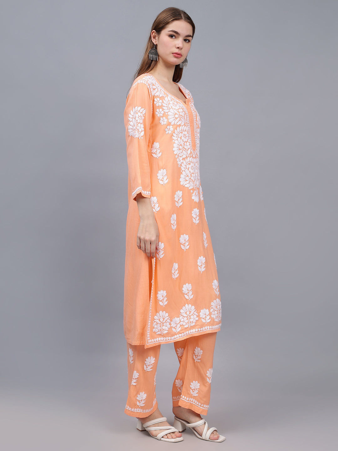 Peach-Rayon-Embroidered-Chikankari-2-Piece-Kurta-Set