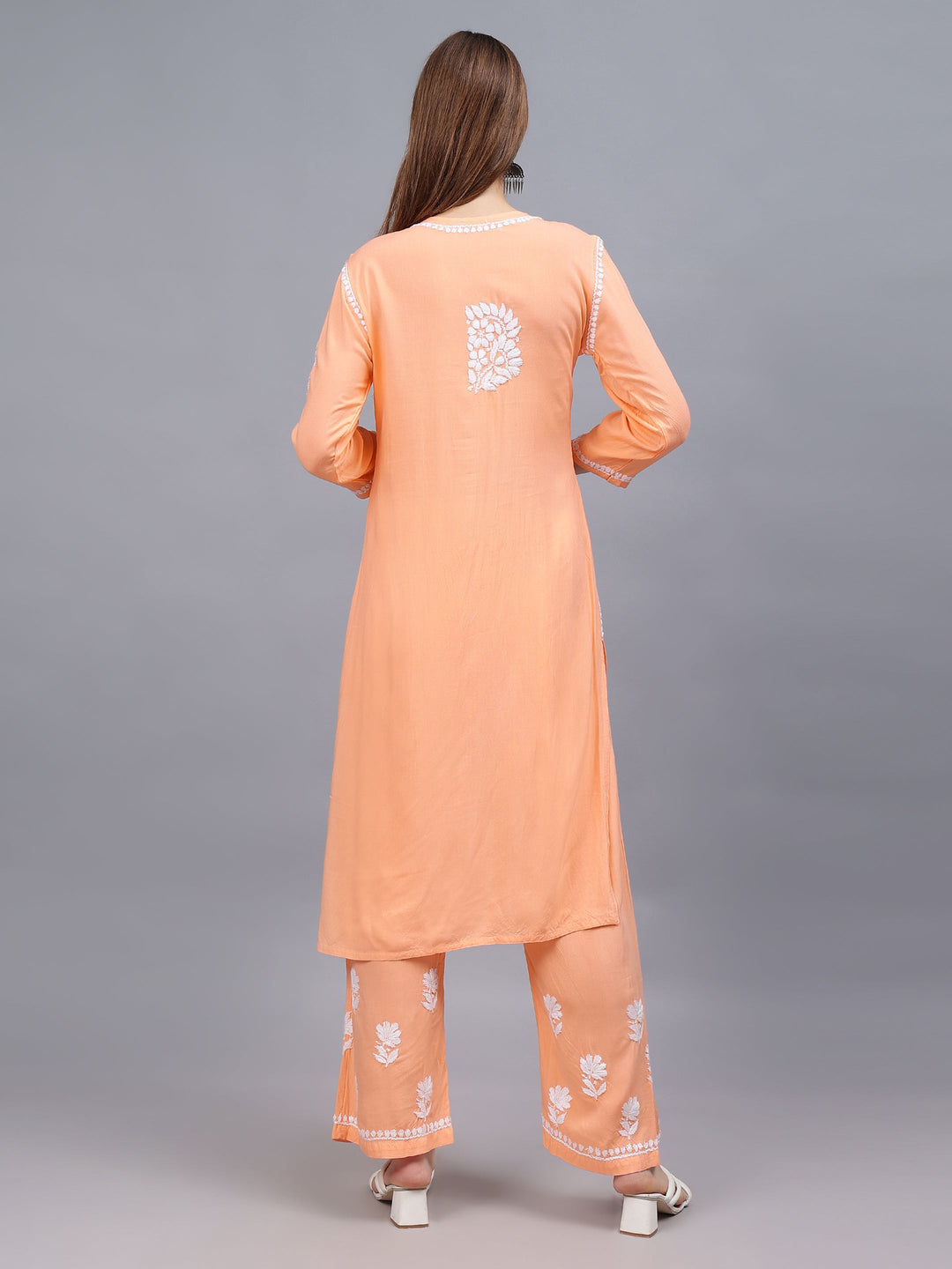 Peach-Rayon-Embroidered-Chikankari-2-Piece-Kurta-Set