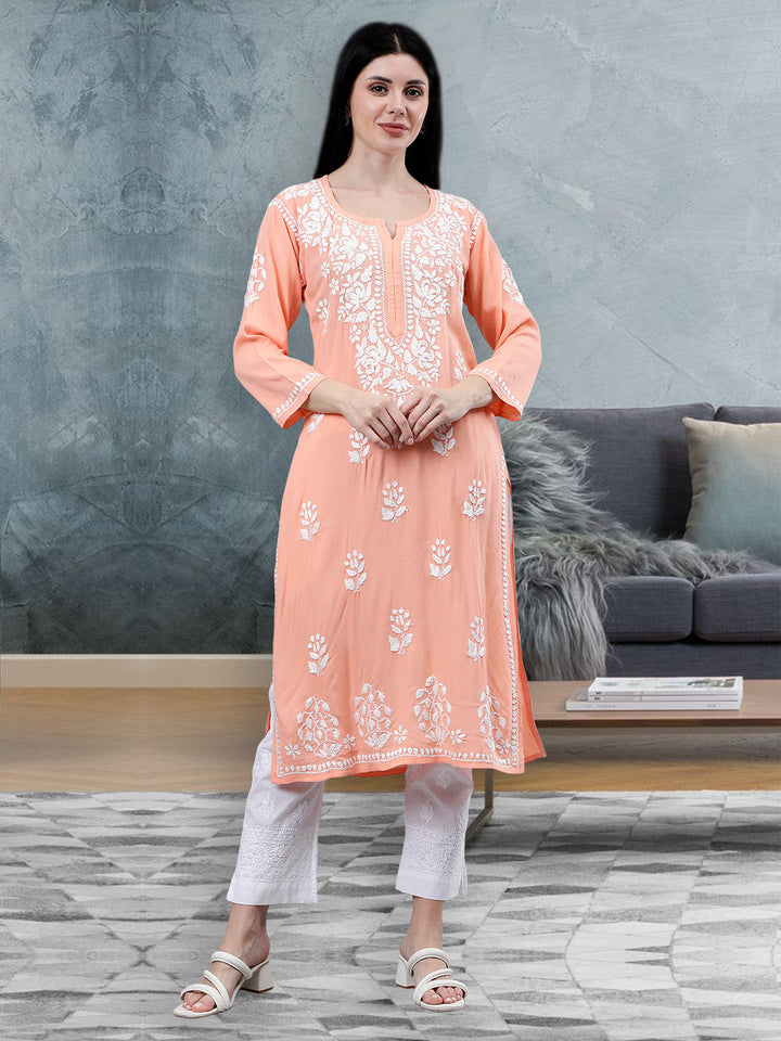 Peach-Rayon-Embroidered-Chikankari-Kurti