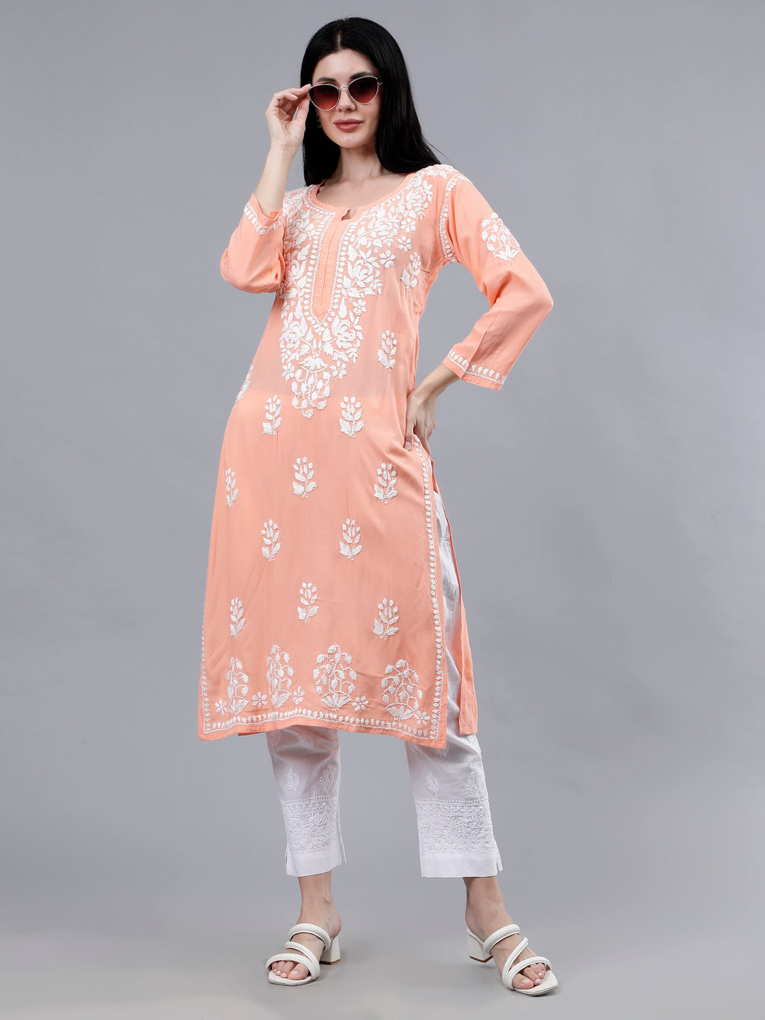 Peach-Rayon-Embroidered-Chikankari-Kurti