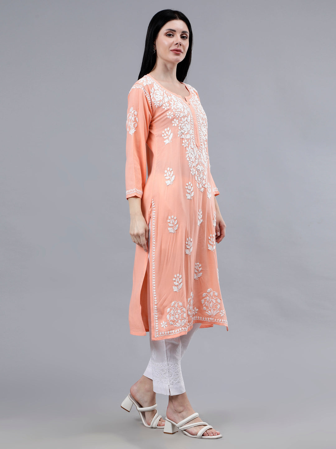 Peach-Rayon-Embroidered-Chikankari-Kurti