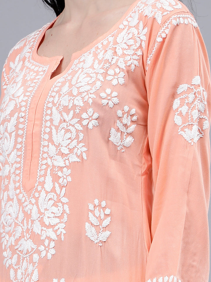 Peach-Rayon-Embroidered-Chikankari-Kurti