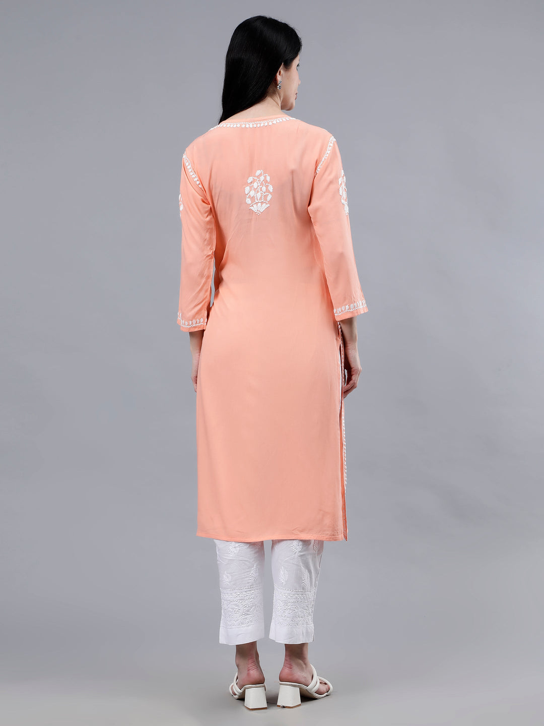 Peach-Rayon-Embroidered-Chikankari-Kurti