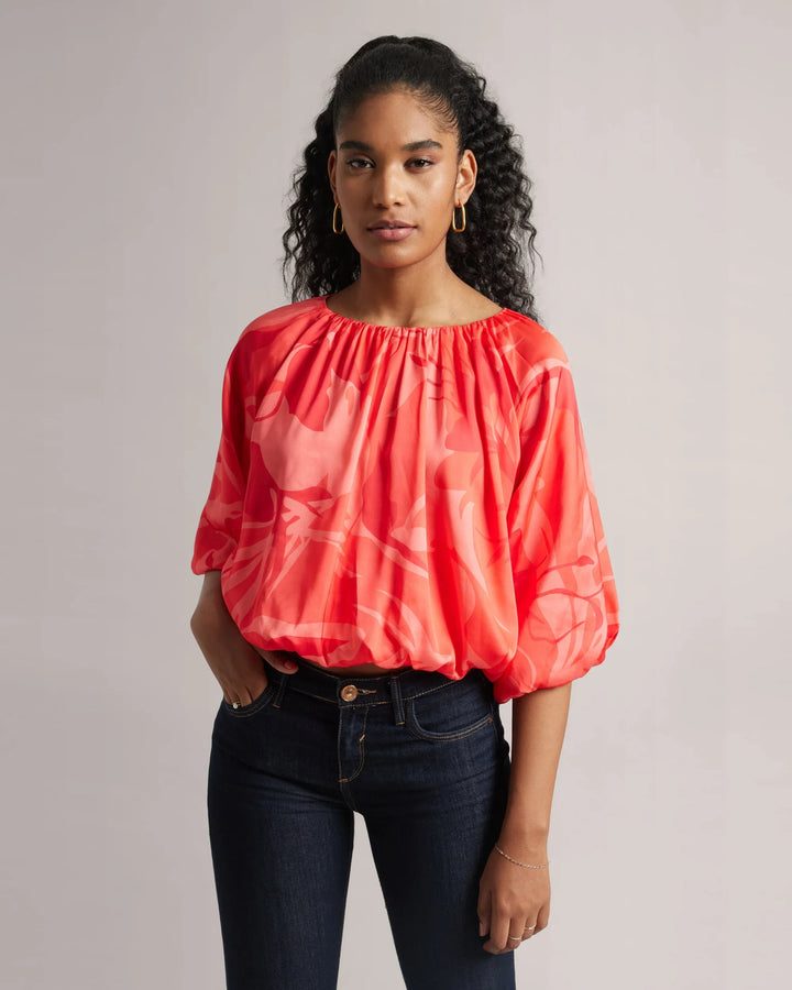 Peach Satin Abstract Printed Floral Boat-Neck Top Only