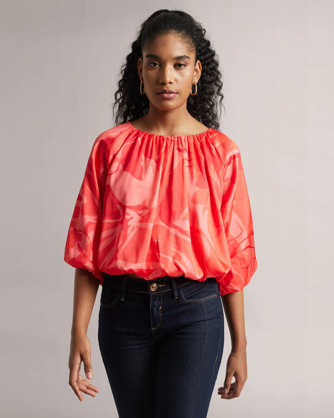 Peach Satin Abstract Printed Floral Boat-Neck Top Only