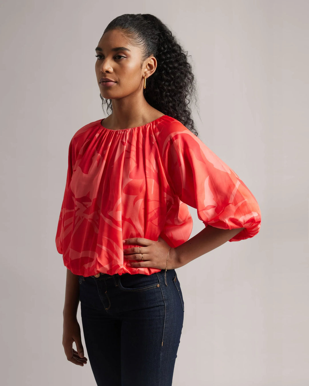 Peach Satin Abstract Printed Floral Boat-Neck Top Only