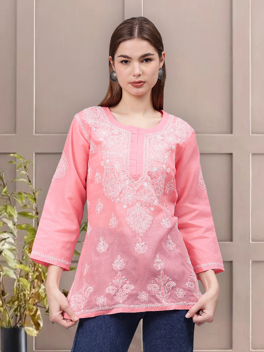 Peach-Terivoil-Cotton-Embroidered-Chikankari-Tunic