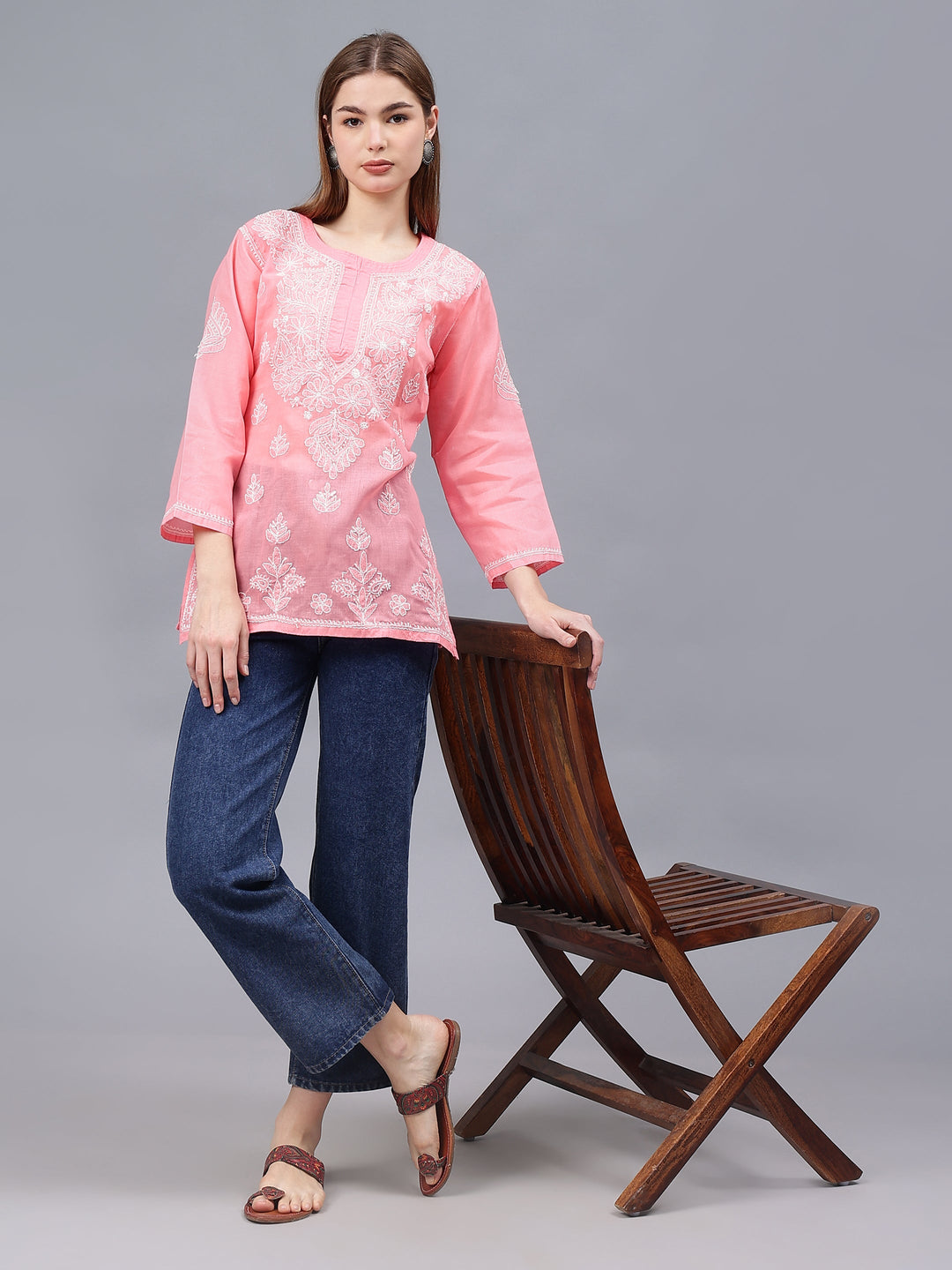 Peach-Terivoil-Cotton-Embroidered-Chikankari-Tunic