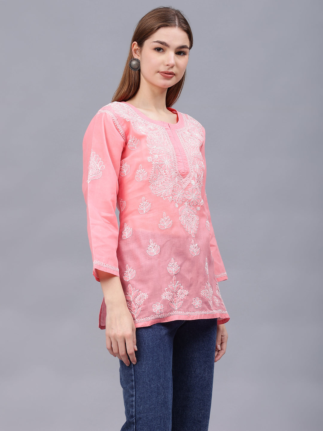 Peach-Terivoil-Cotton-Embroidered-Chikankari-Tunic