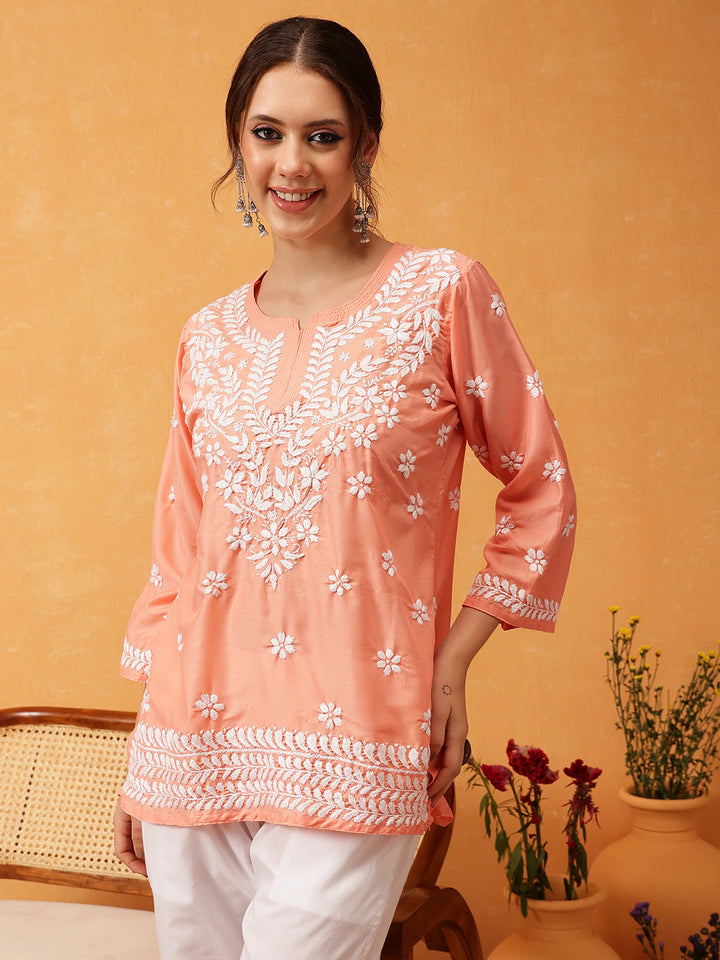 Peach & White Authentic Muslin Chikankari Tunic