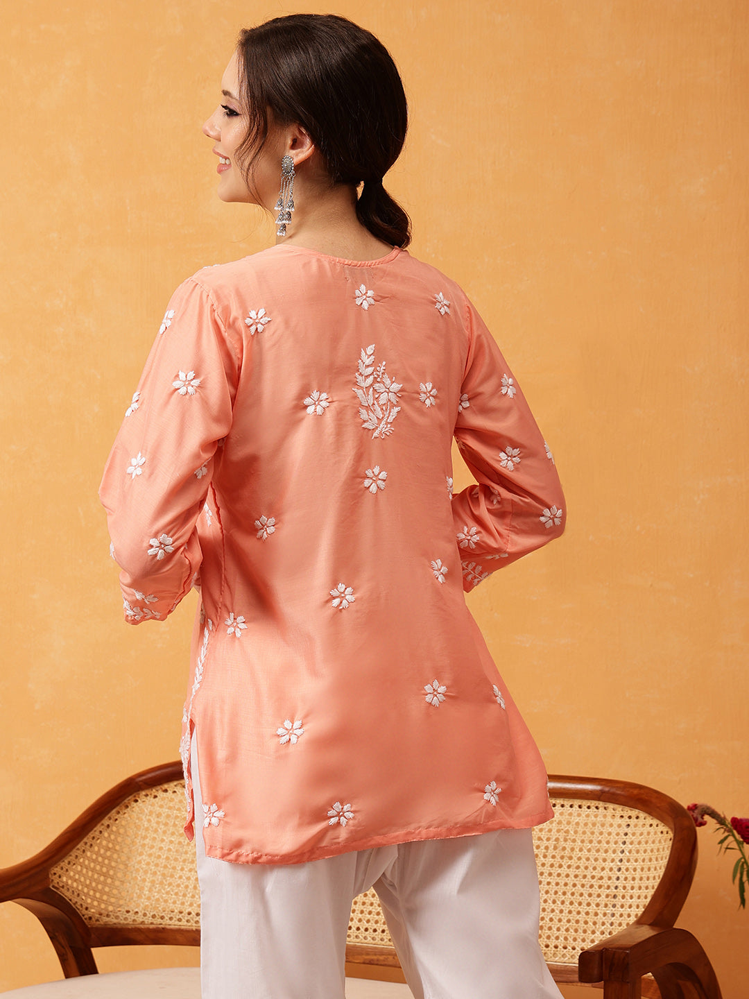 Peach & White Authentic Muslin Chikankari Tunic