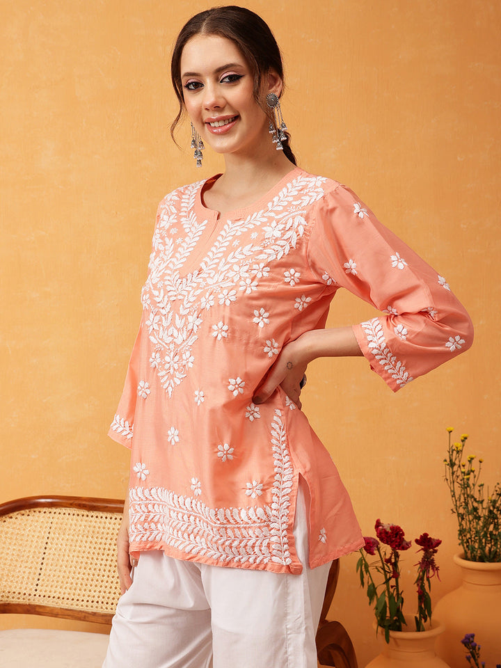 Peach & White Authentic Muslin Chikankari Tunic