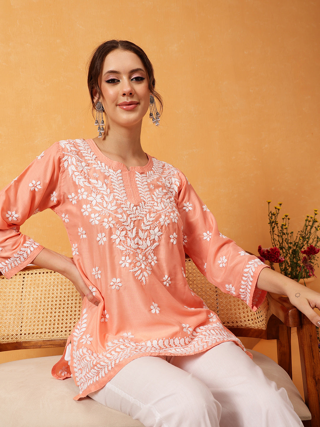 Peach & White Authentic Muslin Chikankari Tunic