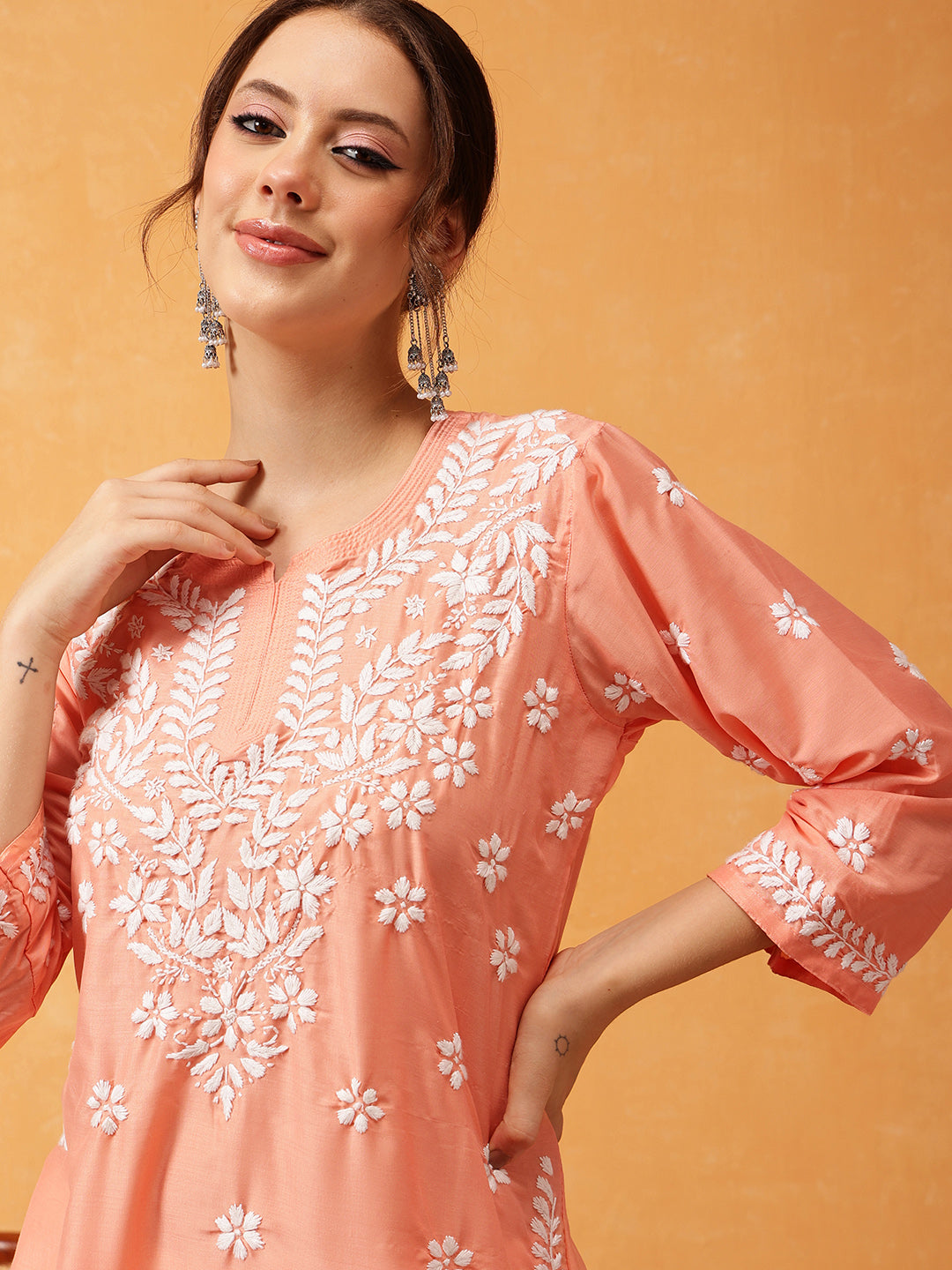 Peach & White Authentic Muslin Chikankari Tunic