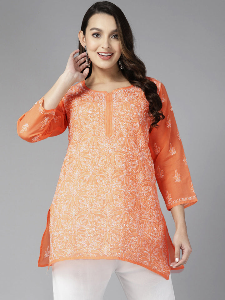 Peach & White Cotton Chikankari Tunic