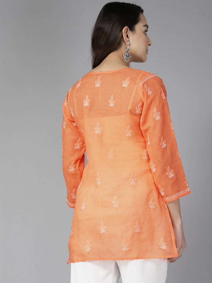 Peach & White Cotton Chikankari Tunic