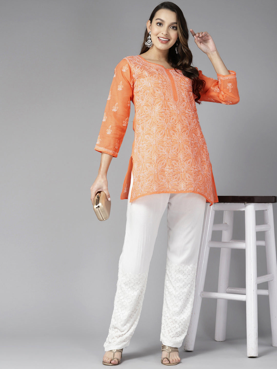 Peach & White Cotton Chikankari Tunic