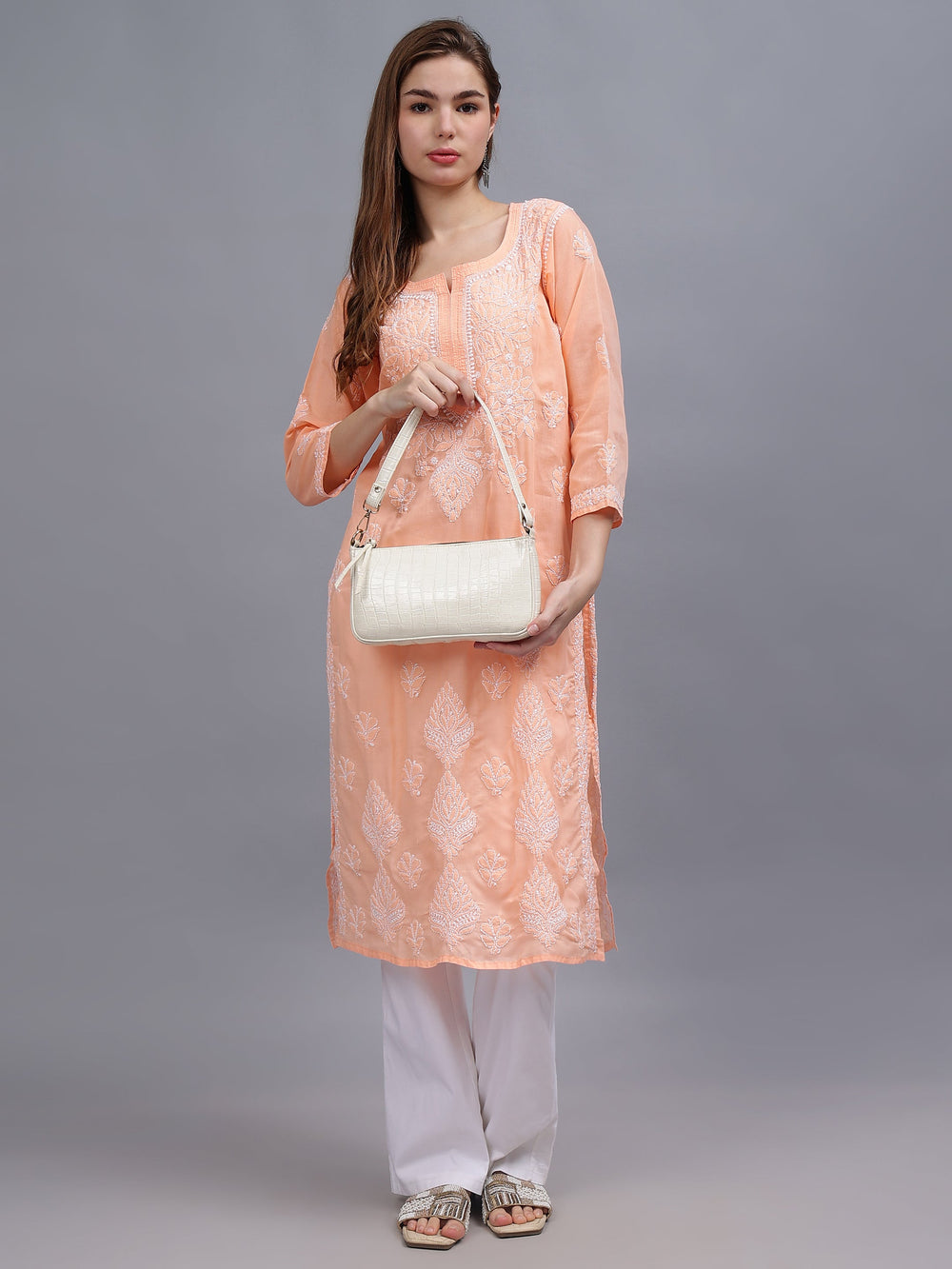 Peach-&-White-Cotton-Embroidered-Chikankari-Kurti