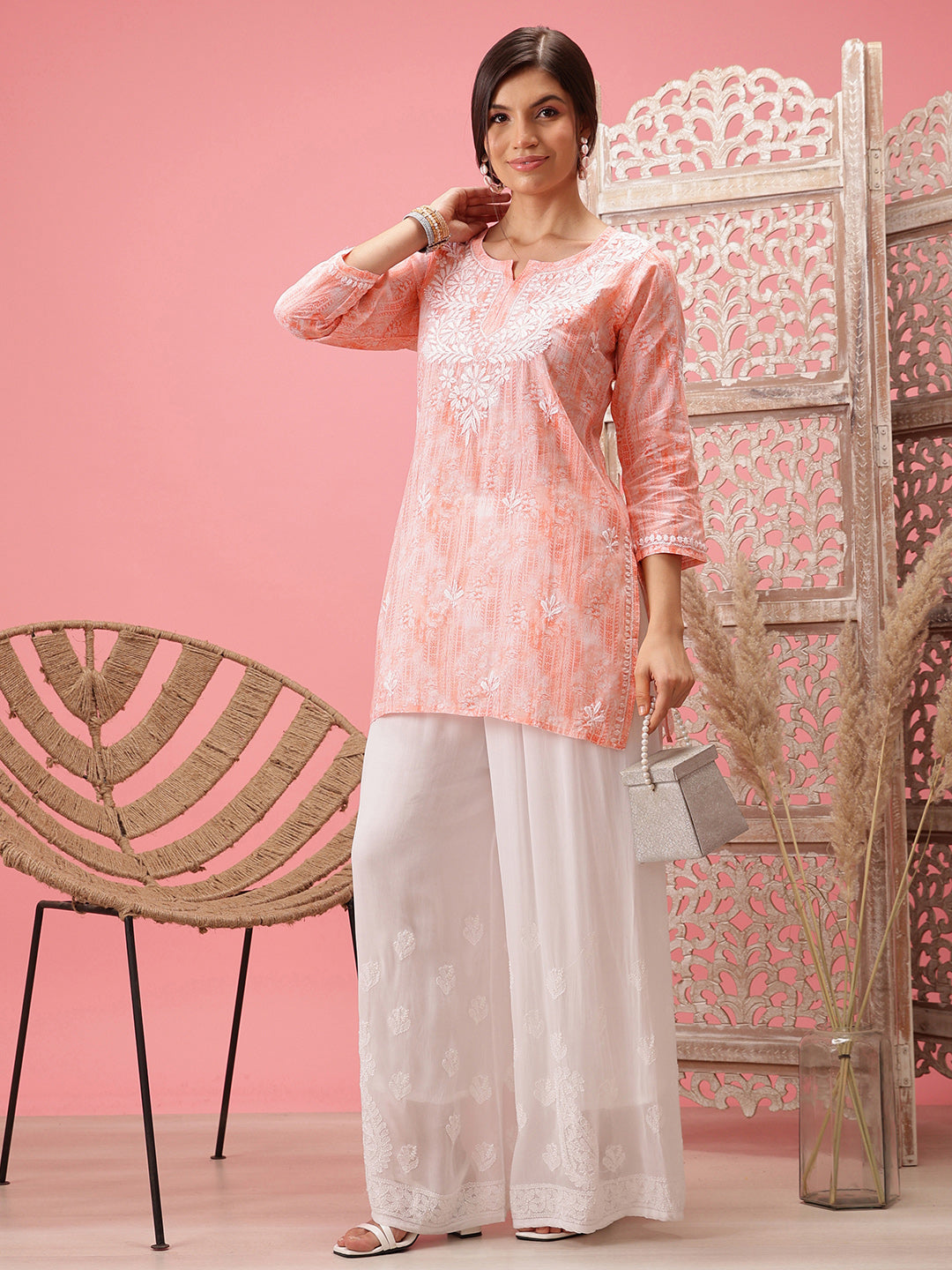 Peach-&-White-Cotton-Embroidered-Chikankari-Tunic