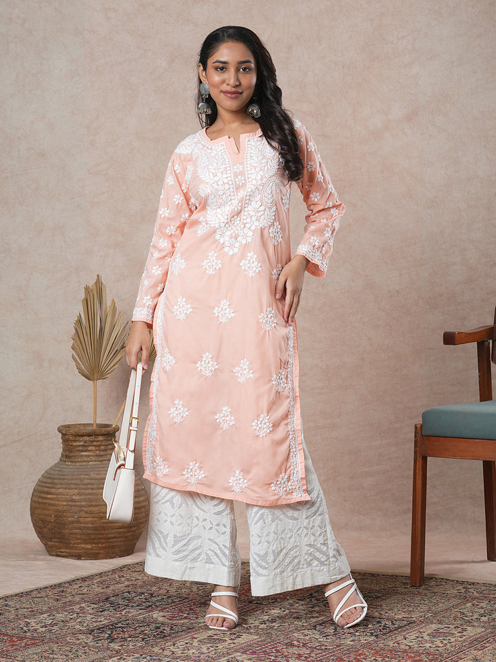 Peach-&-White-Cotton-Floral-Notch-Neck-Chikankari-Kurta