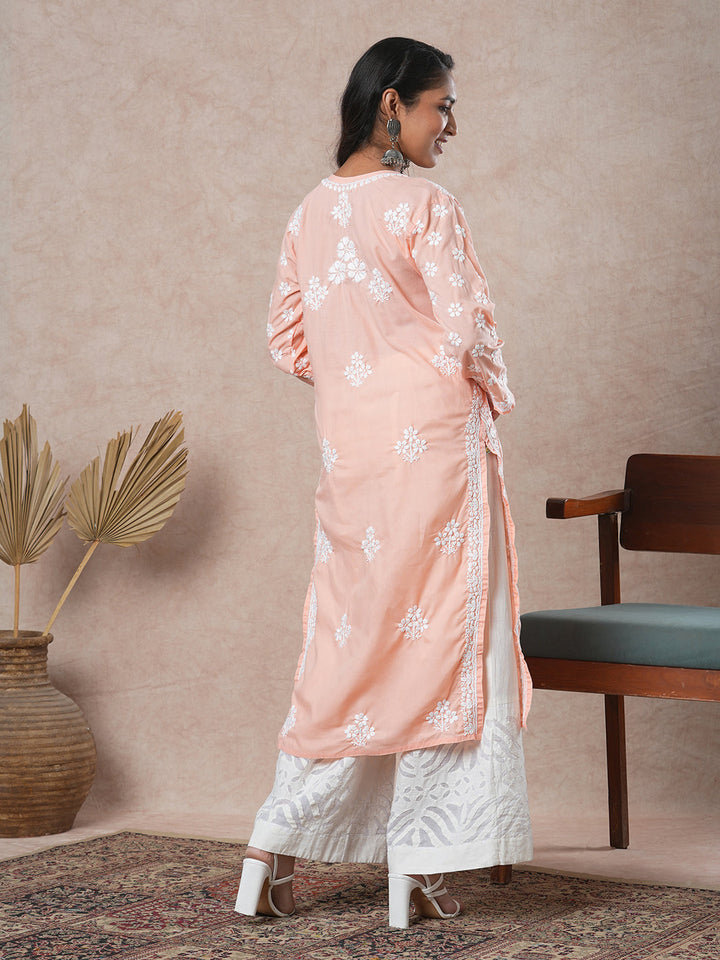 Peach-&-White-Cotton-Floral-Notch-Neck-Chikankari-Kurta