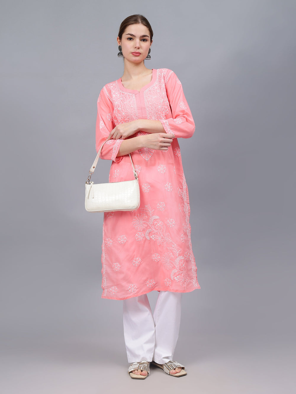 Peach-&-White-Cotton-Hand-Embroidered-Chikankari-Kurti