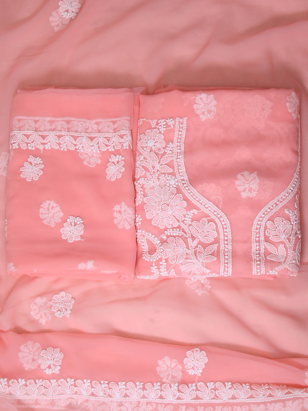 Peach-&-White-Georgette-Chikankari-Dress-Material