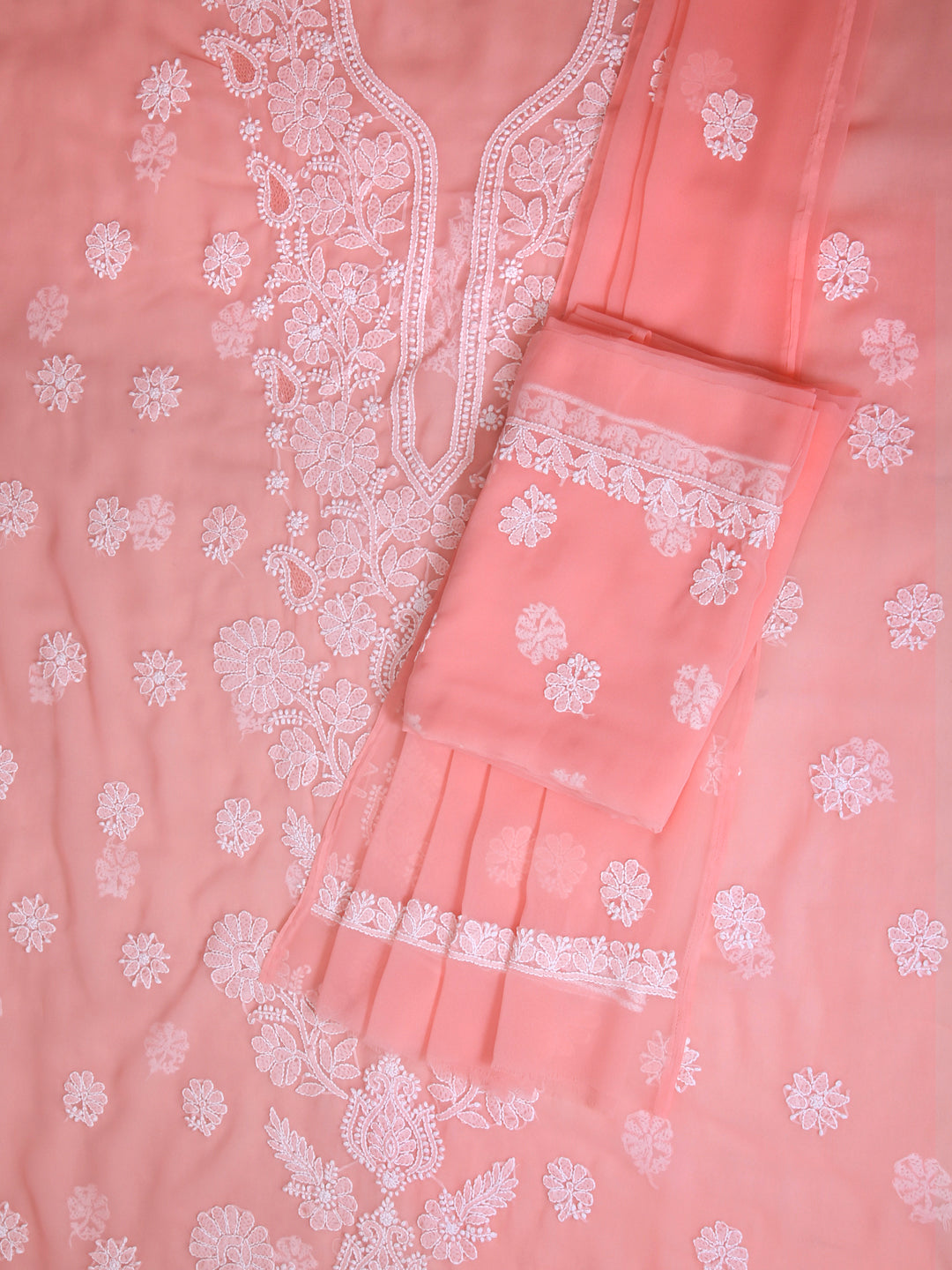 Peach-&-White-Georgette-Chikankari-Dress-Material