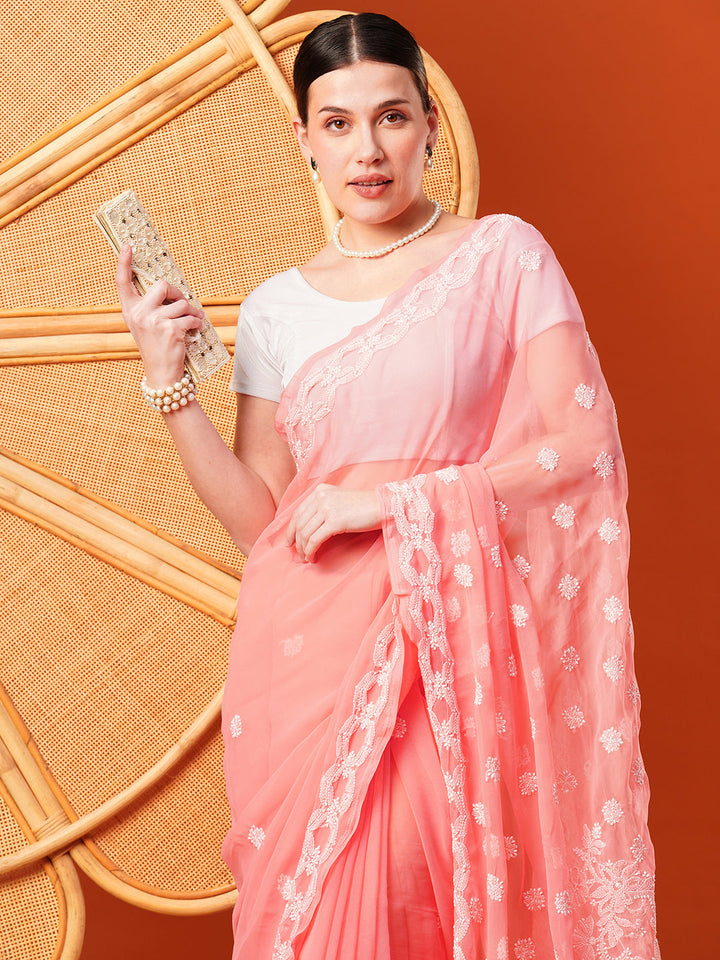 Peach-&-White-Georgette-Hand-Embroidered-Chikankari-Saree