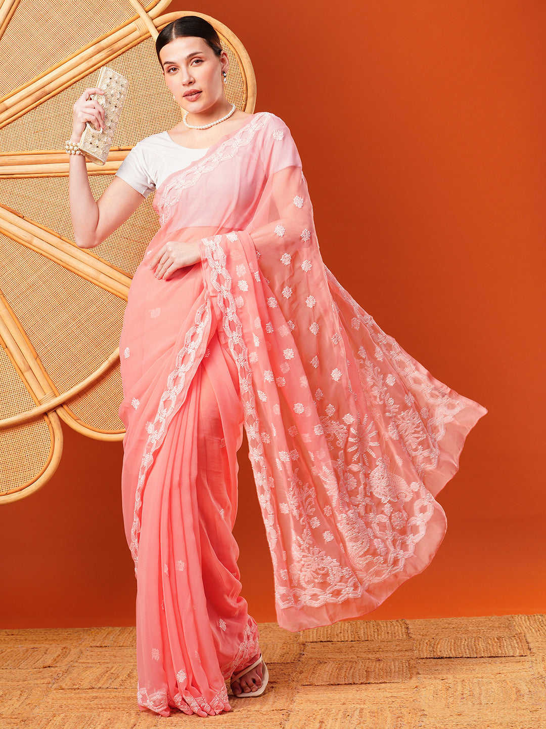 Peach-&-White-Georgette-Hand-Embroidered-Chikankari-Saree