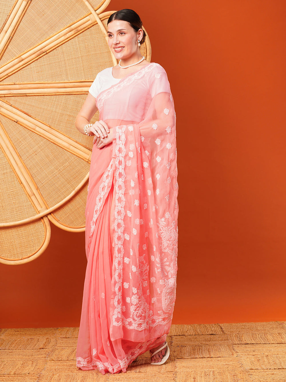 Peach-&-White-Georgette-Hand-Embroidered-Chikankari-Saree