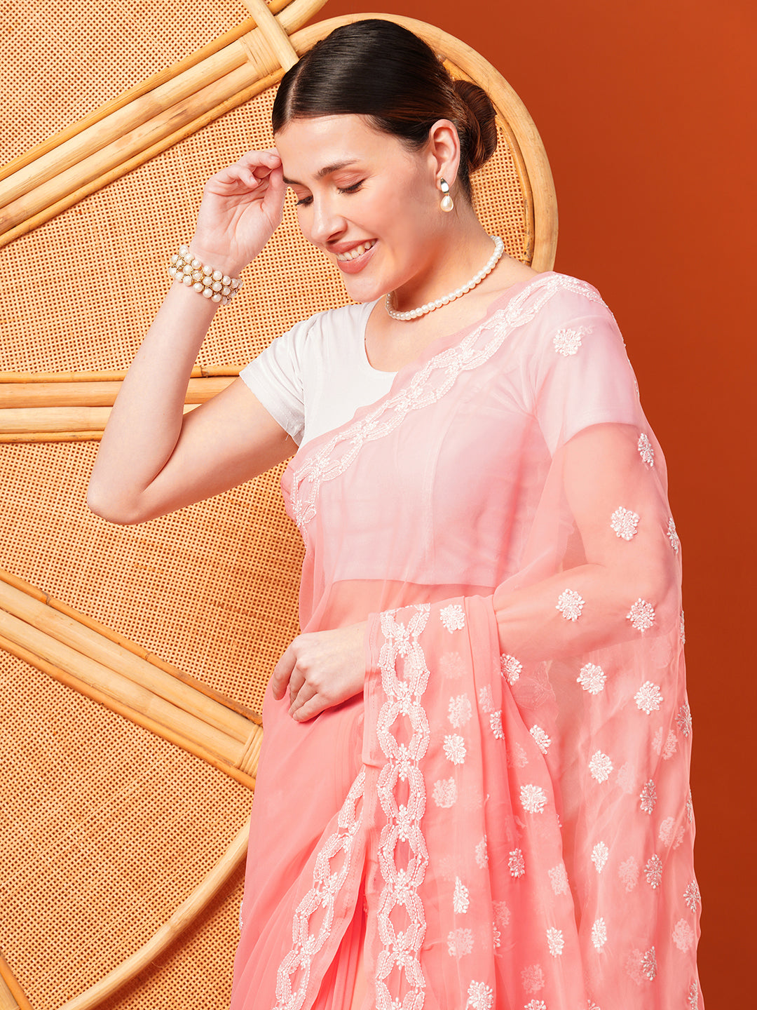 Peach-&-White-Georgette-Hand-Embroidered-Chikankari-Saree