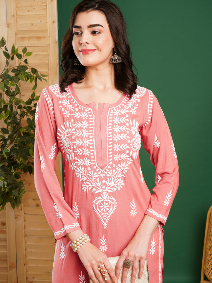 Peach-Cotton-Blend-Straight-2-Piece-Kurta-Sets