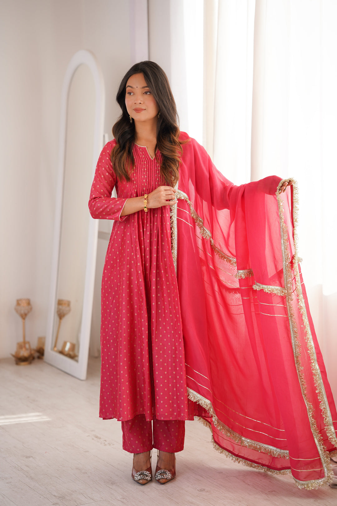 Peach Chanderi Pintucks Anarkali Suit Set