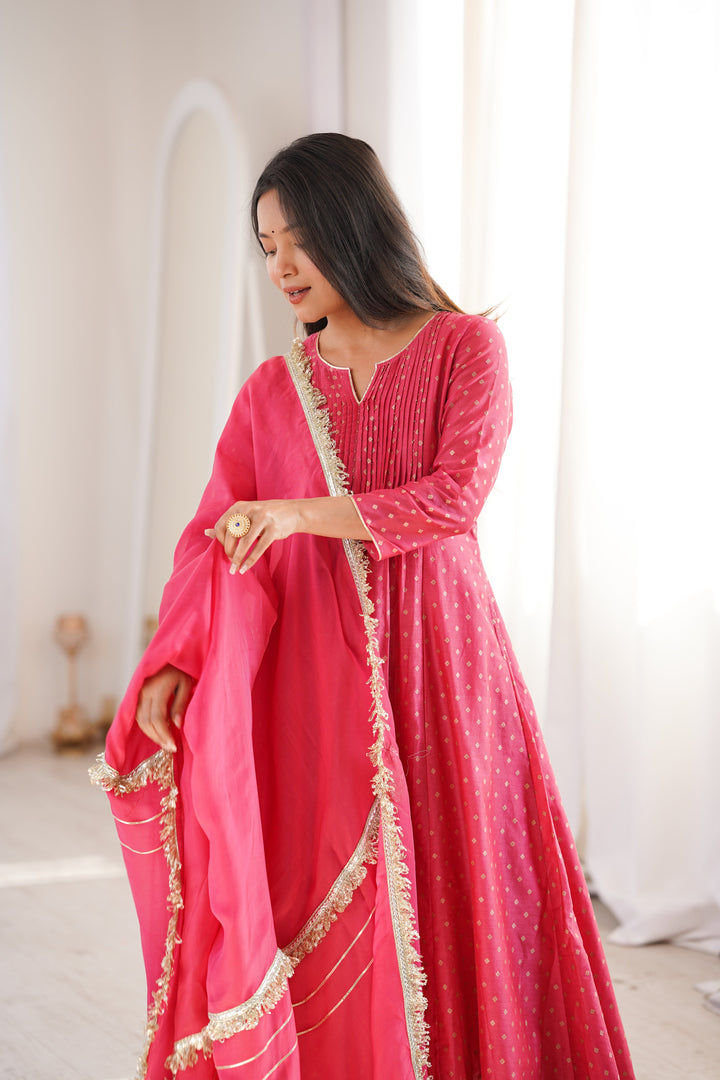 Peach Chanderi Pintucks Anarkali Suit Set