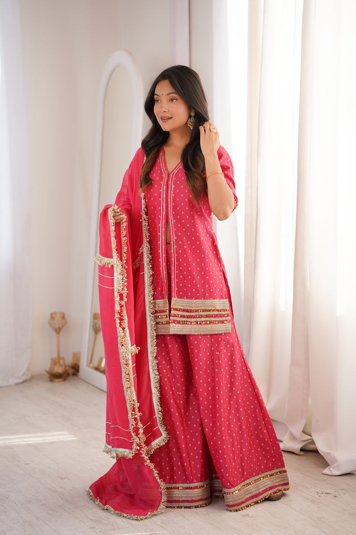 Peach Chanderi Short Kurta with Palazzo Suit Set