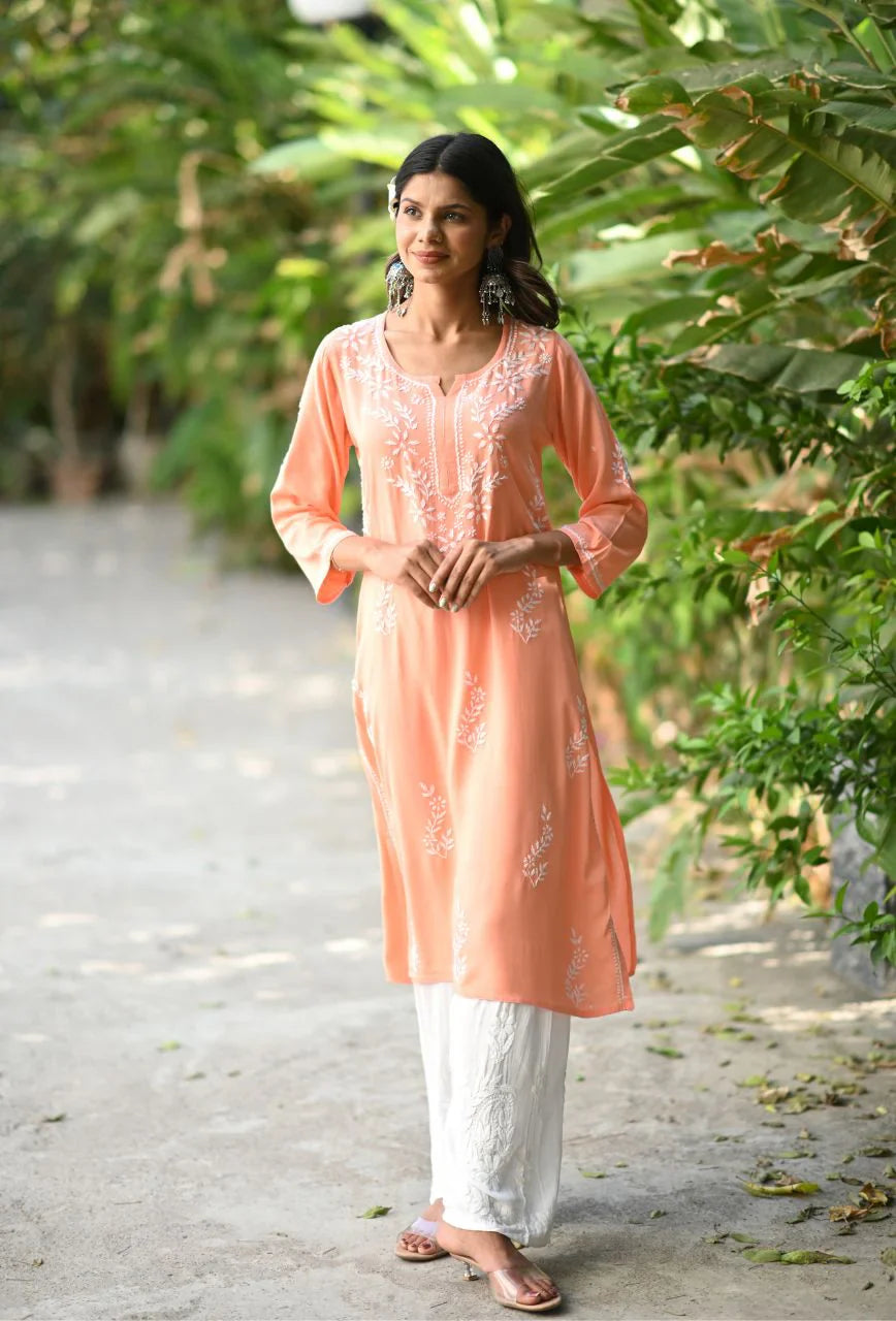 Peach-Cotton-Chikankari-Kurta-Only